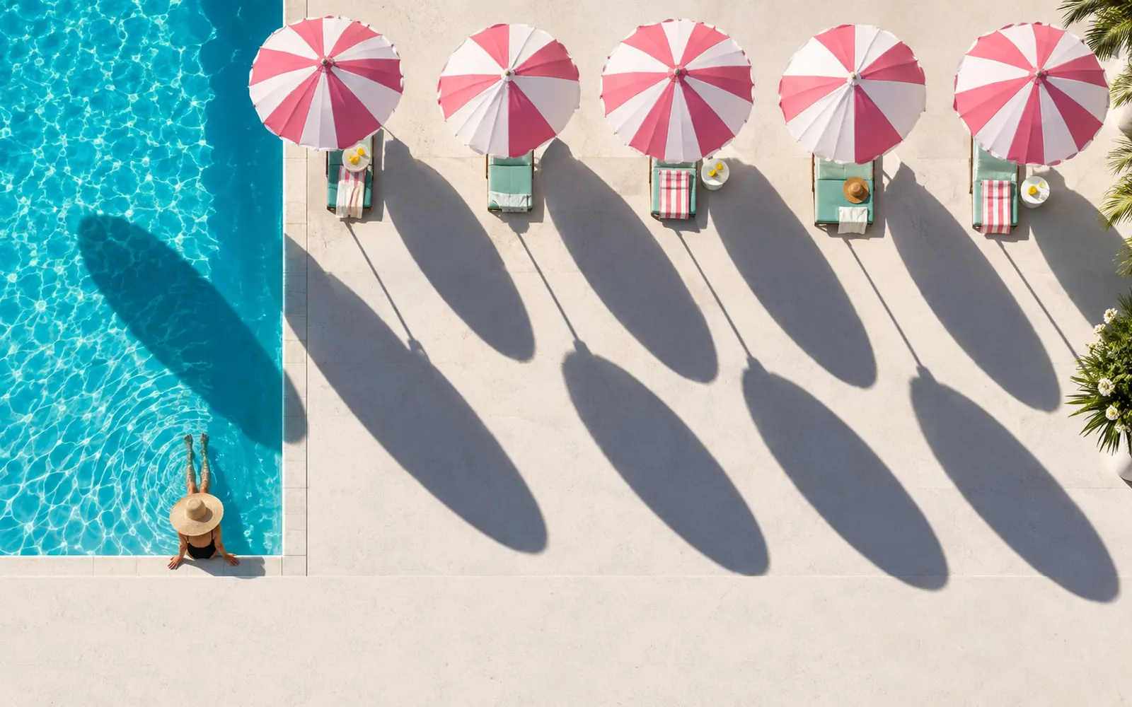 Striped parasols on the lido deck at twenty to six, their shadows stretched long across the terrazzo and over the pool edge.