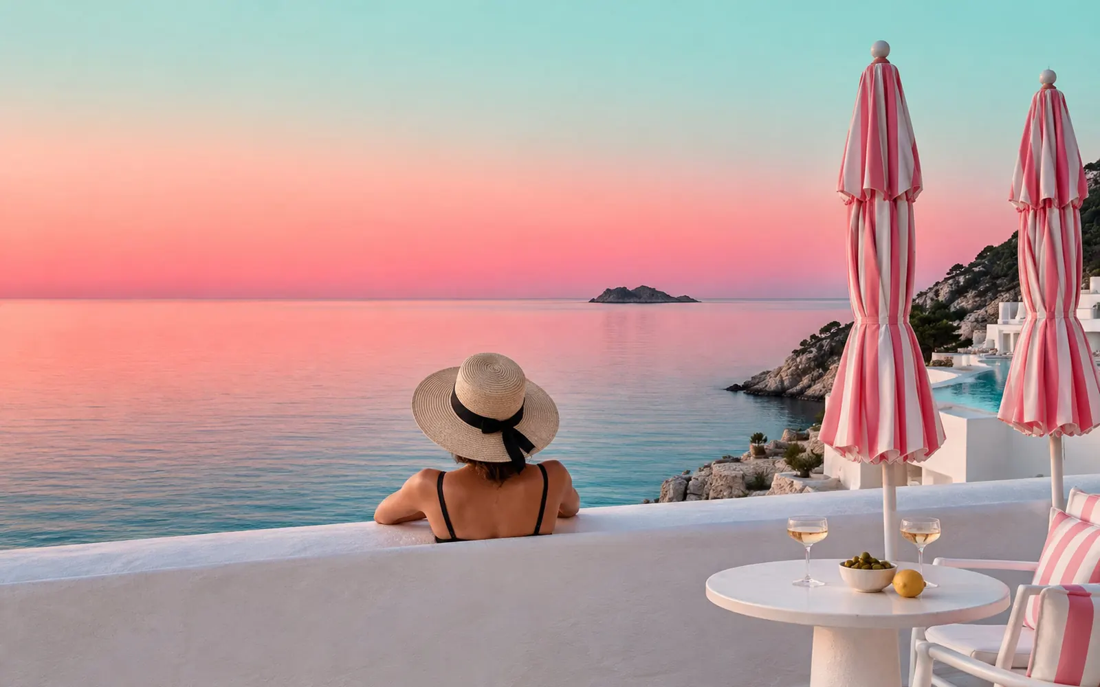 The terrace at the pink hour: a calm sea and a sky fading from pink to pale green, two furled striped parasols and two glasses on a white table.