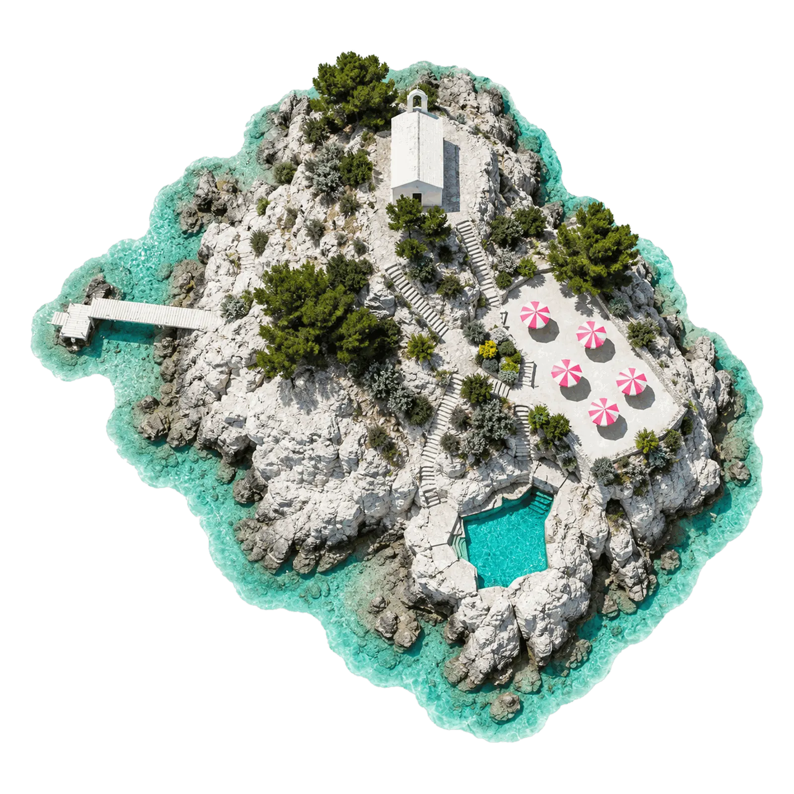 A small rocky islet seen from above, with a ring of striped parasols on a beach club deck, a white chapel on its high point and a tiny pool cut into the rock.