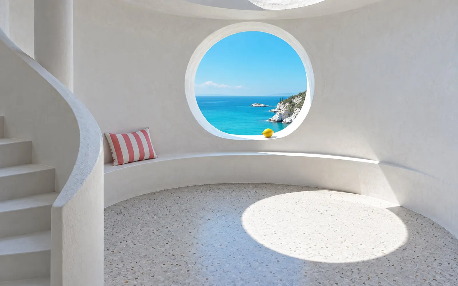 A round white tower room with a deep circular window onto the sea and a disc of noon sun on the terrazzo floor.