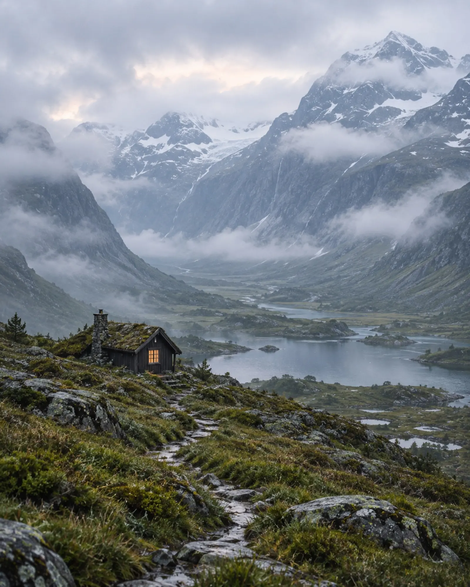 A secluded log cabin set in a wide mountain landscape