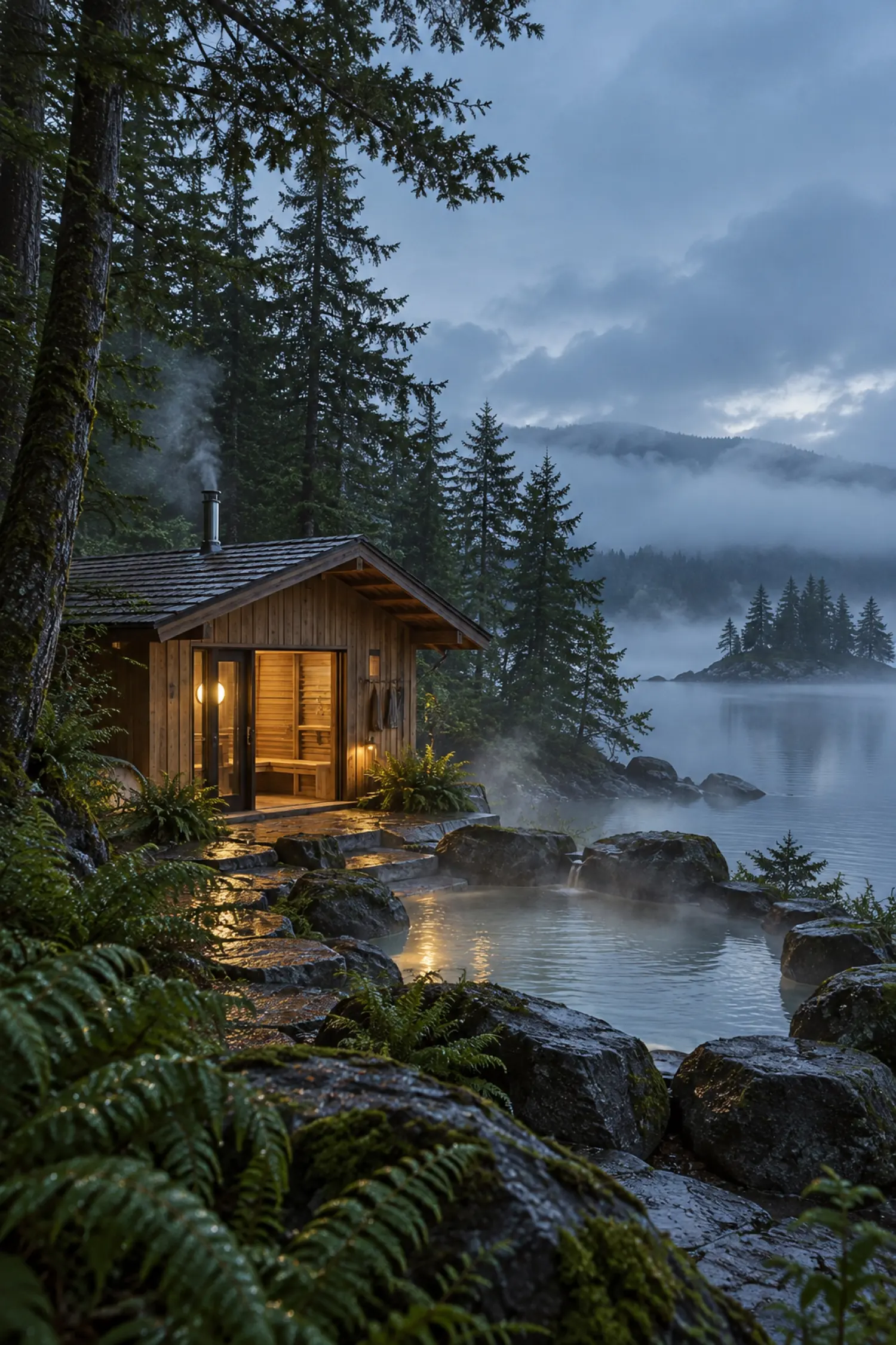 A wooden bathhouse on a misty, forested shore at dusk