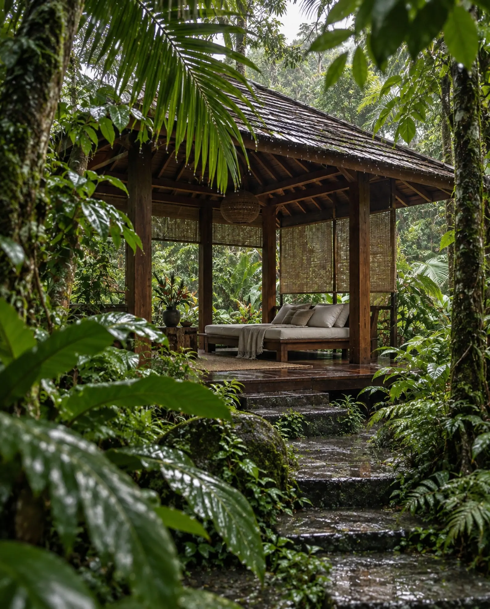 An open-sided tropical wooden retreat surrounded by greenery