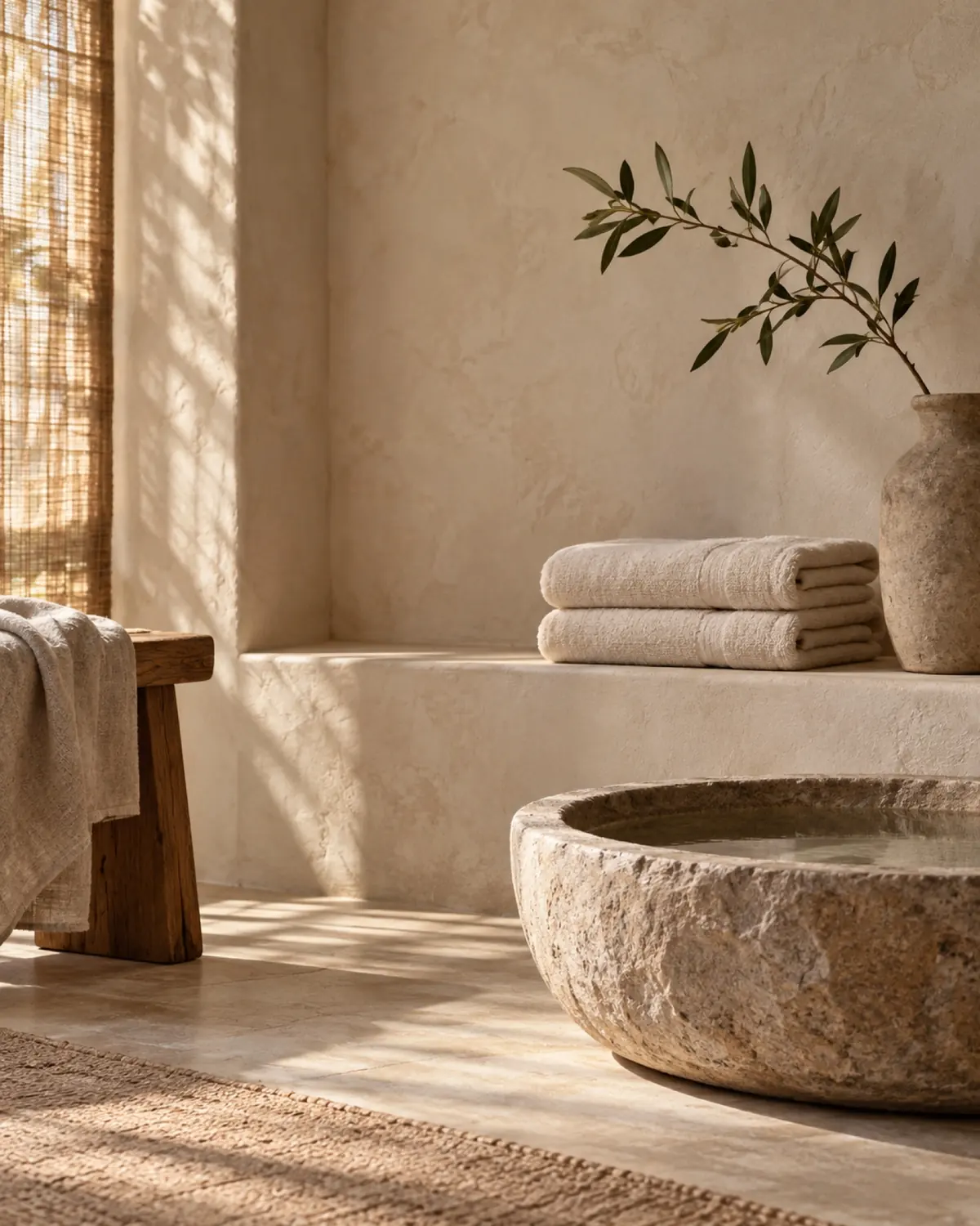 A serene spa setting with soft light and natural materials