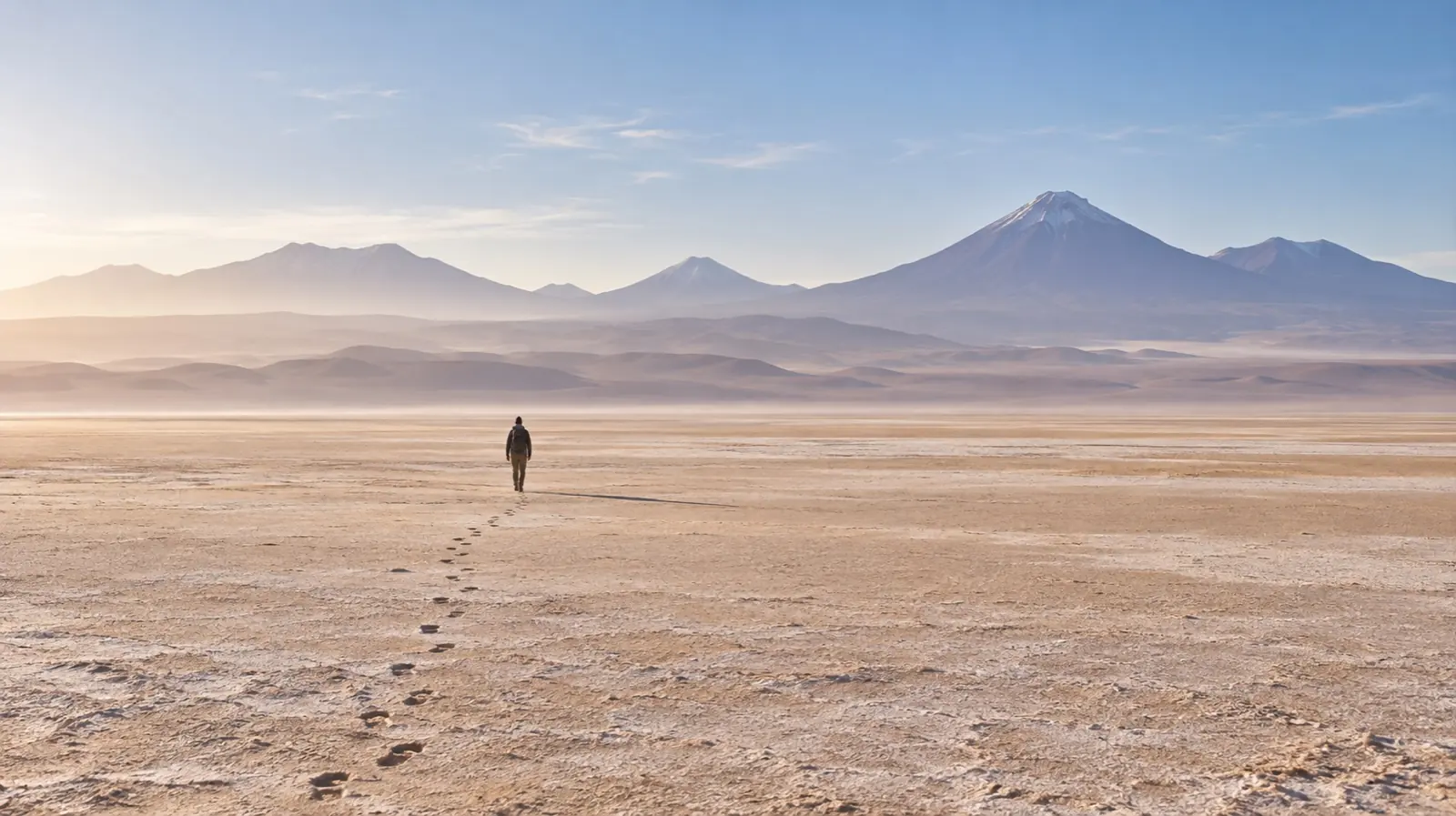 A lone walker crossing a vast, empty desert