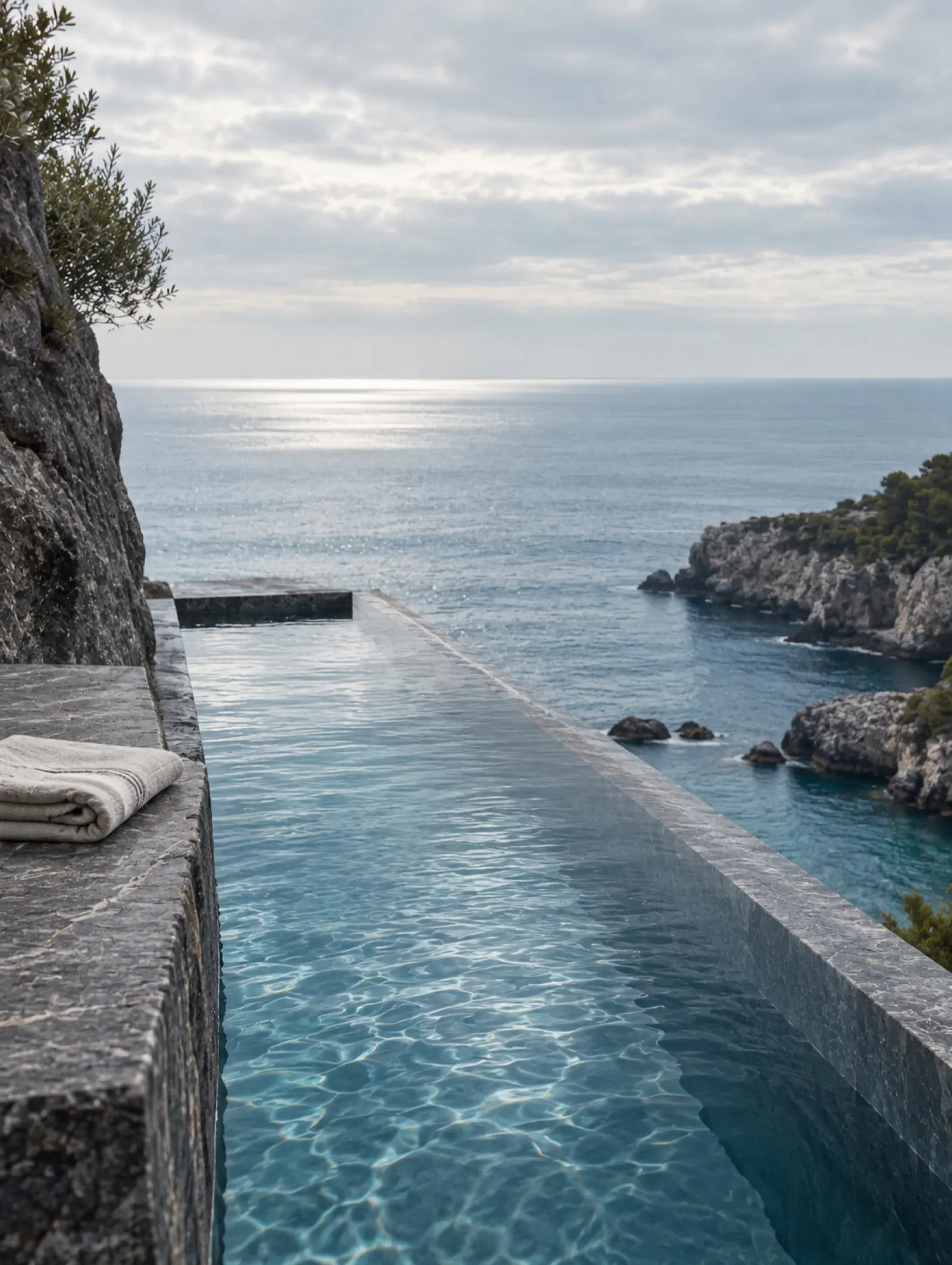 An infinity pool overlooking a wide blue ocean