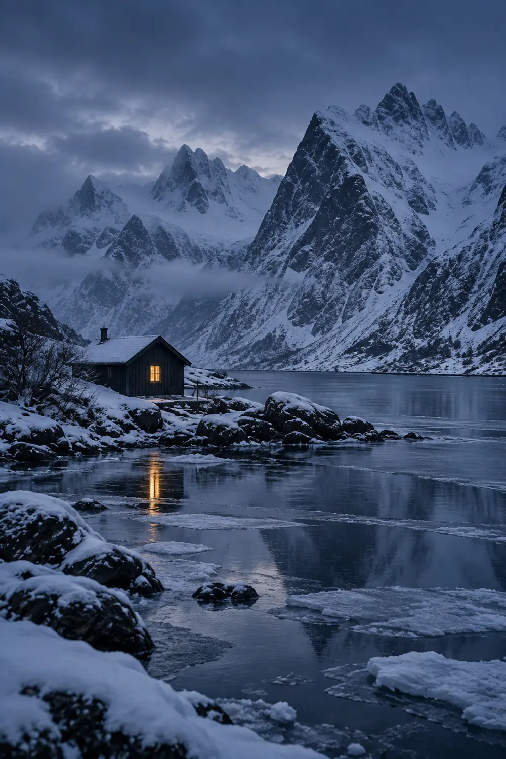 A snow-covered cabin beside a frozen lake at blue hour
