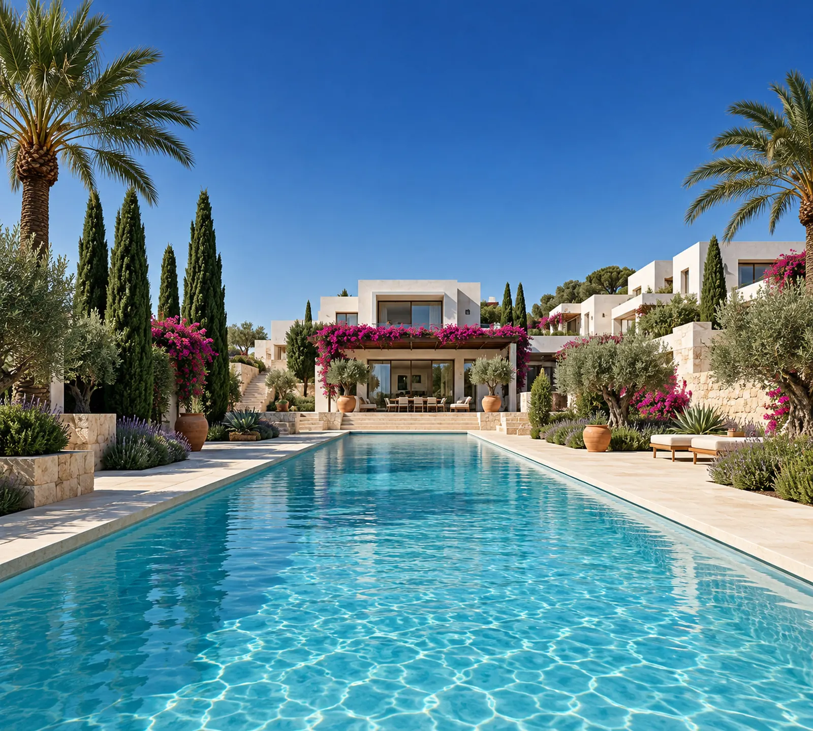 White stone residences stepping around a long turquoise pool under a deep blue Mediterranean sky, bougainvillea spilling over the pergolas