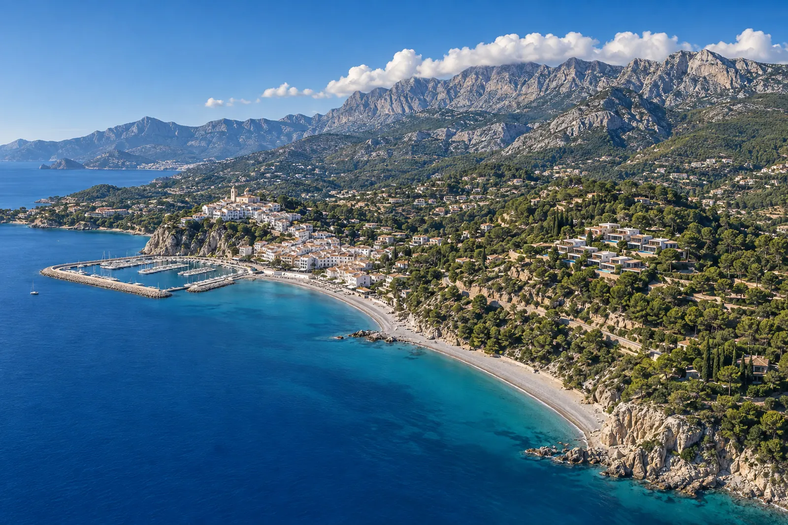 Aerial view of the bay of Altea: the white old town on its hill, the curve of the pebble shore and the Sierra de Bernia behind