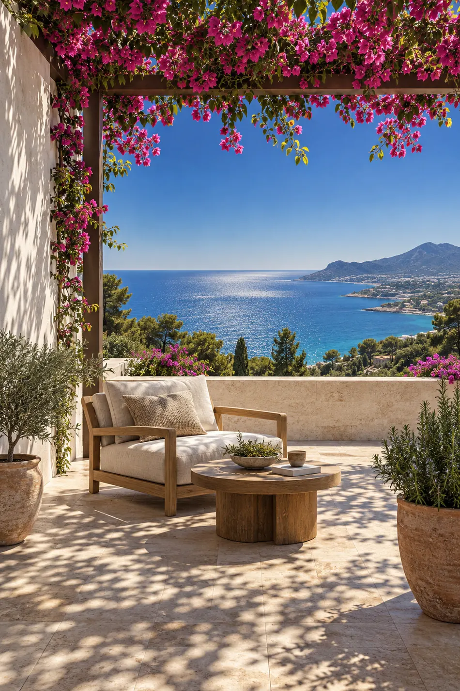 A shaded terrace framed by a pergola heavy with bougainvillea, the bay of Altea glittering beyond