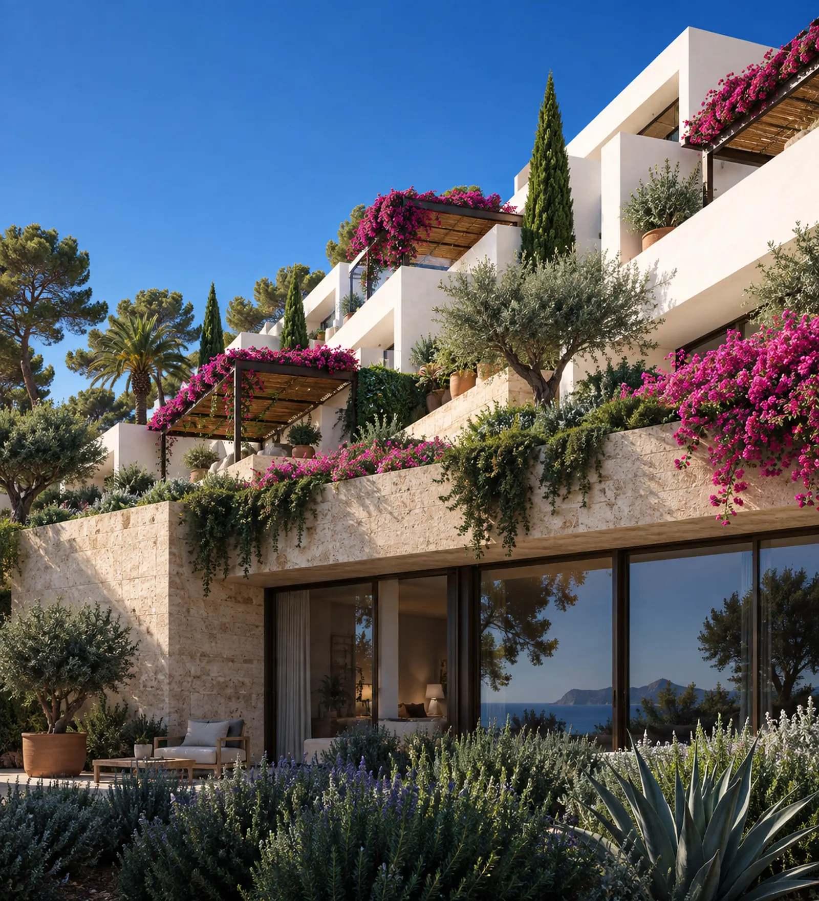 Low-angle view of stepped white-stone terraces with steel pergolas and bougainvillea against a clear blue sky
