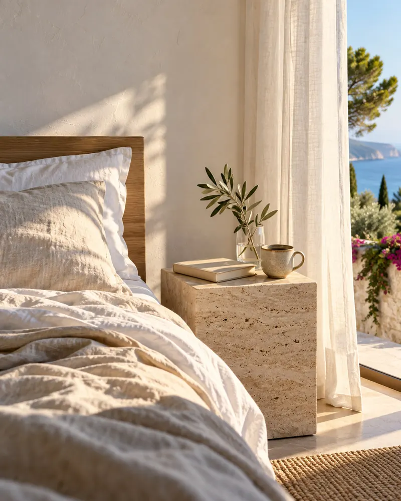 Morning light on a linen-dressed bed and a travertine side table