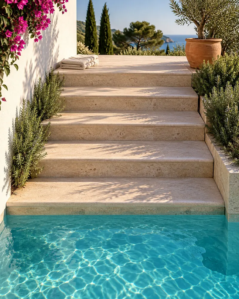 Worn travertine steps leading down to a pool between clipped rosemary