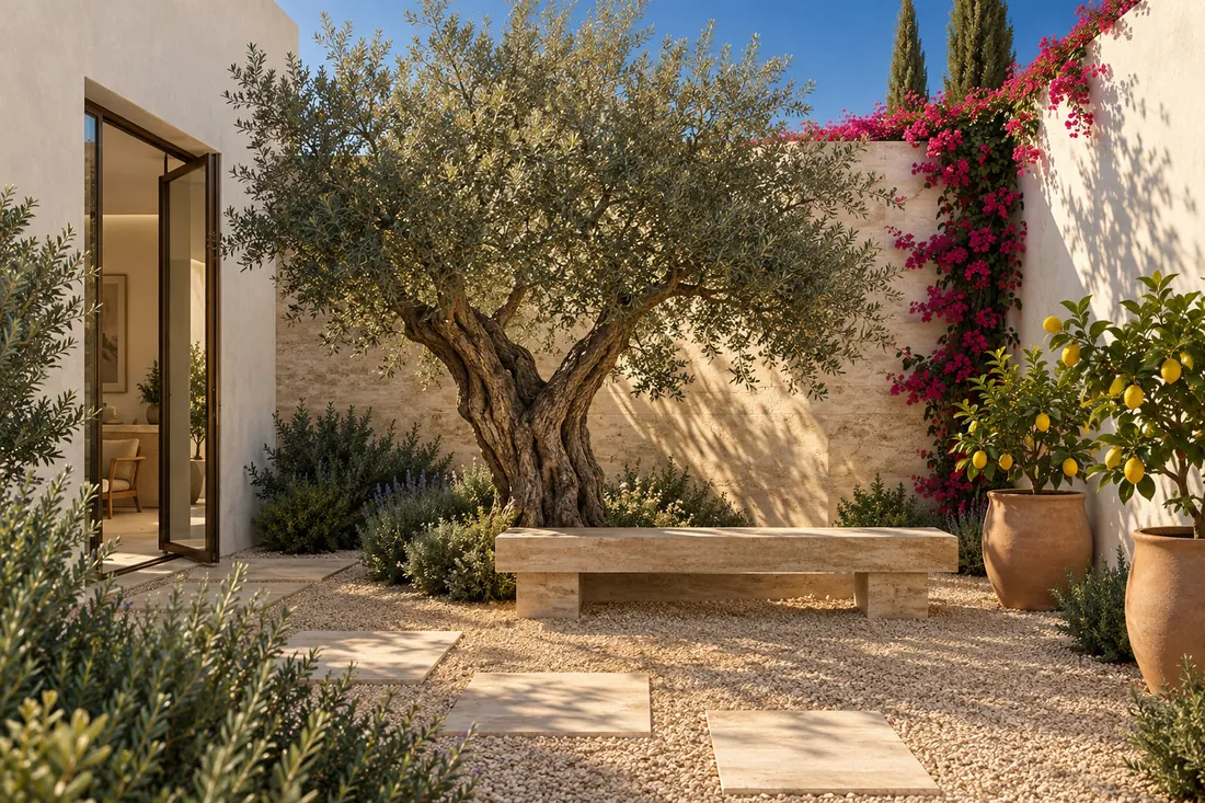 A quiet whitewashed courtyard with an old olive tree, a stone bench and dappled afternoon shade