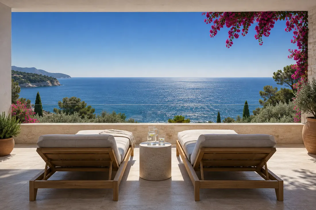 A deep stone terrace with linen loungers looking straight out over the calm blue bay
