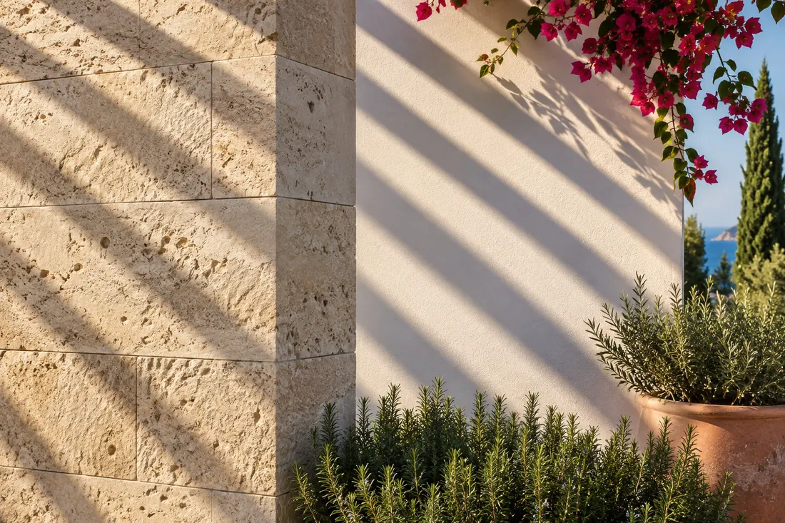 Close view of hand-dressed travertine walls and an oak pergola casting striped shadows