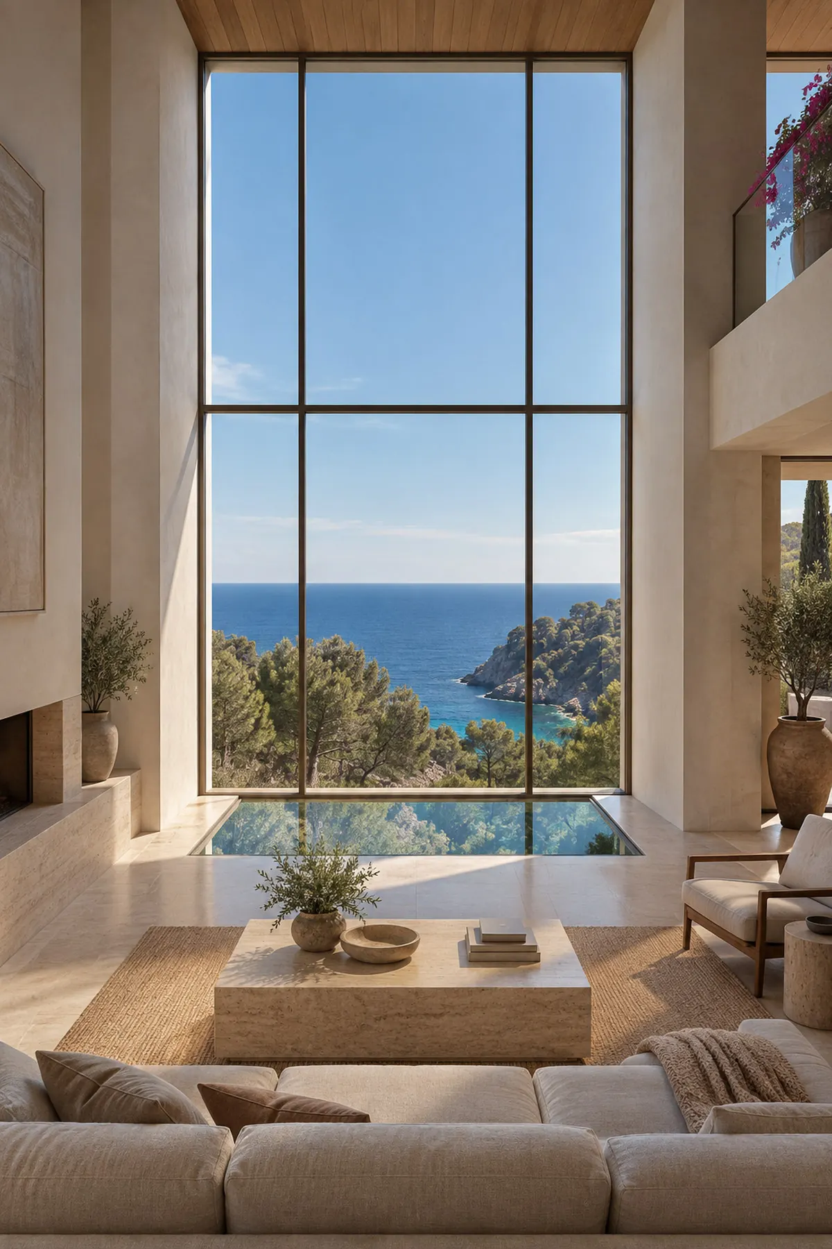 Cliff loft: a double-height living room with a full-height window cantilevered over pines and sea