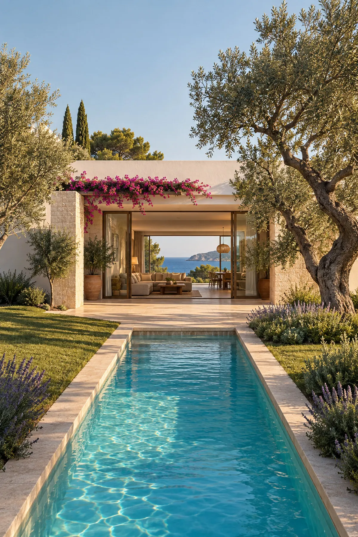Garden villa: a single-storey white house opening onto lawn, olive trees and a plunge pool