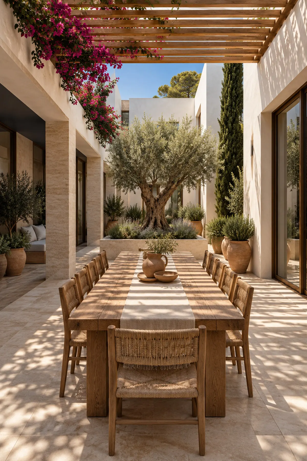 Patio house: rooms arranged around a shaded courtyard with an olive tree and a long dining table