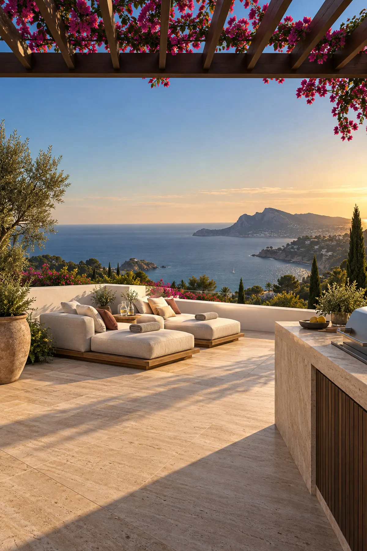 Sky penthouse: a rooftop solarium with outdoor kitchen and daybeds overlooking the bay