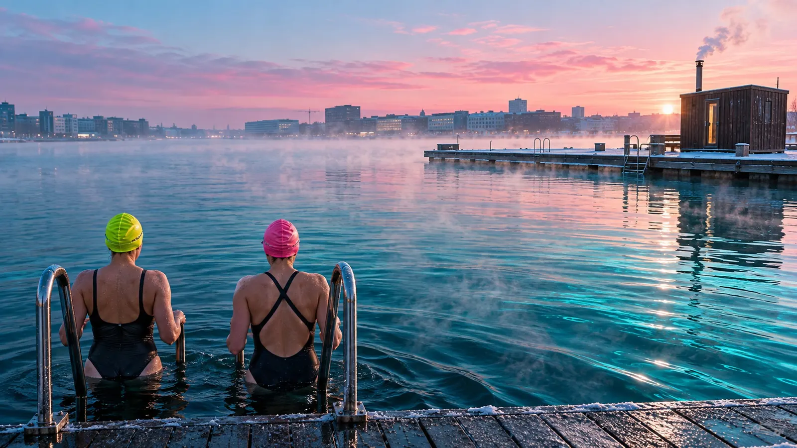 Two swimmers seen from behind on a pier ladder, lowering into steaming harbour water at dawn