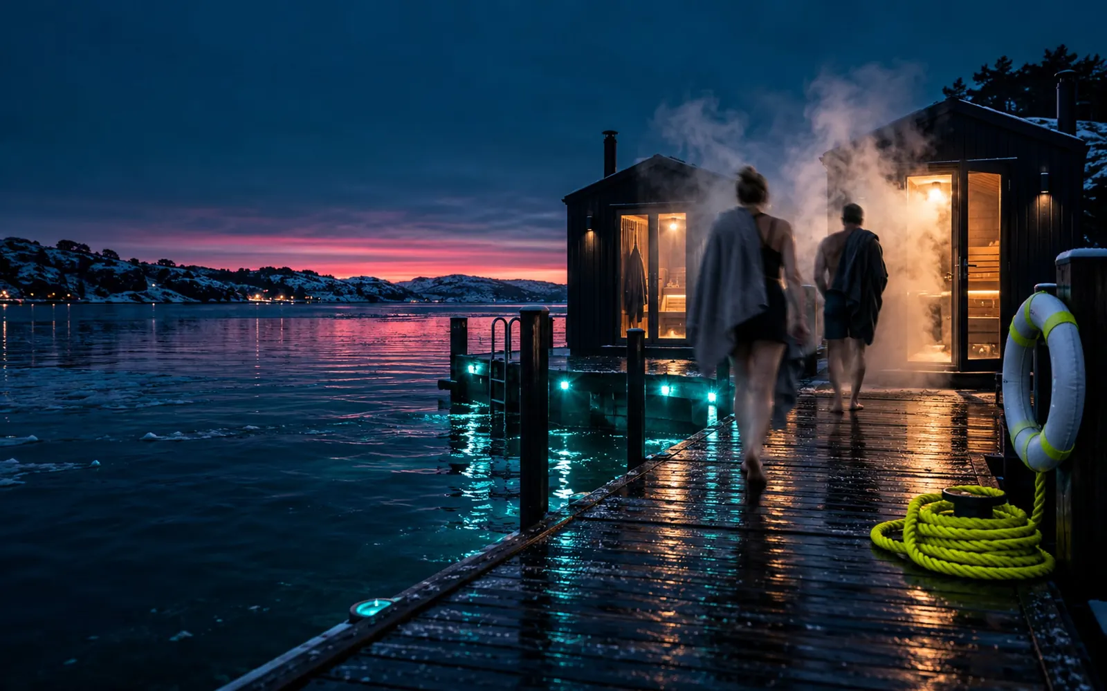Blue-hour pier with steam pouring from an open sauna door as two members walk toward it