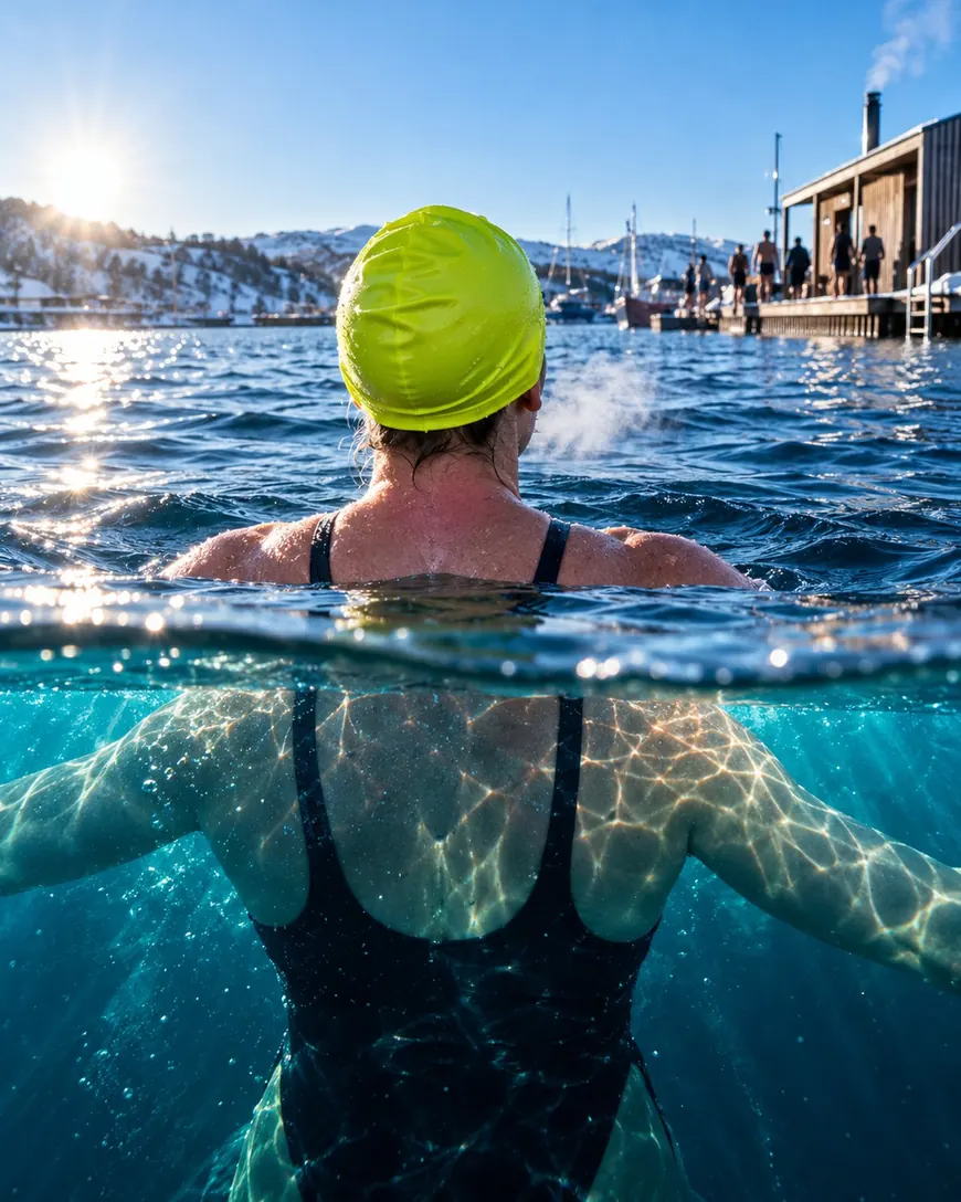Swimmer in a lime cap shoulders-deep in clear harbour water, breath steaming