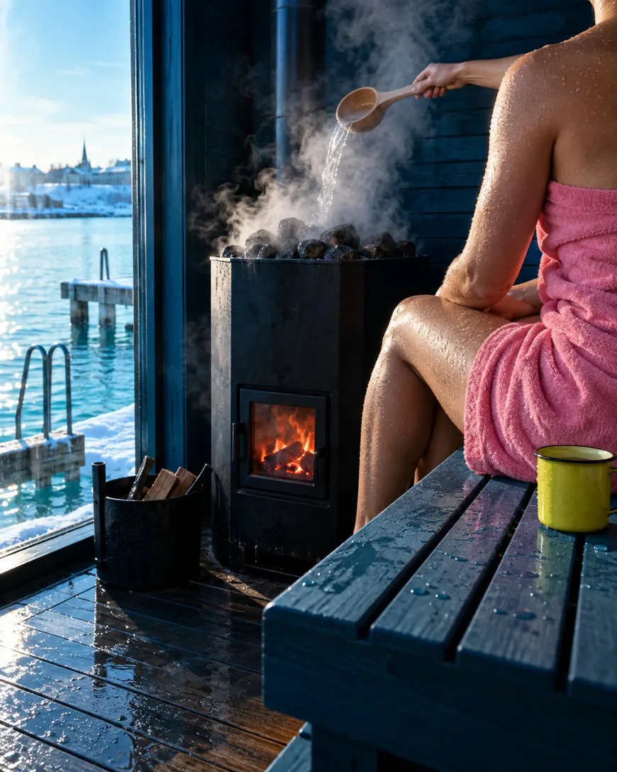 Sauna interior with dark timber benches and a ladle of water steaming on hot stones