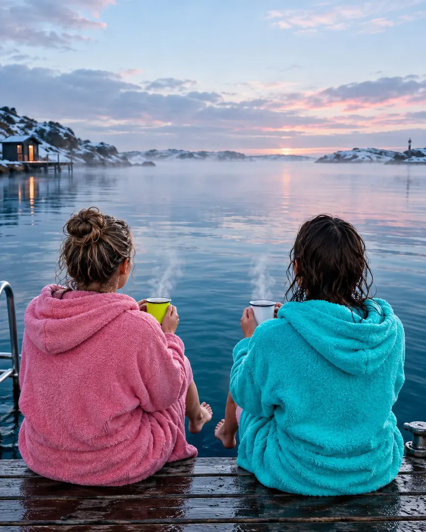 Two bathers in pink and aqua robes sitting on the pier edge with steaming mugs