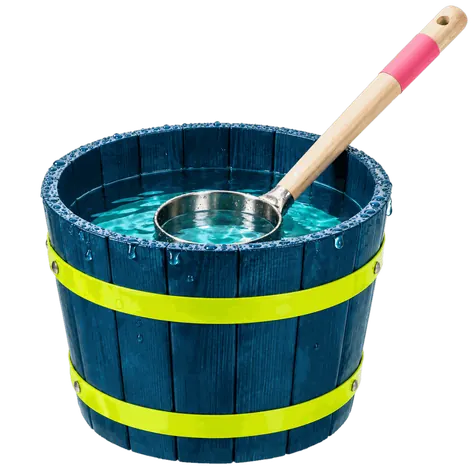 Navy timber sauna bucket with lime hoops and a steel ladle