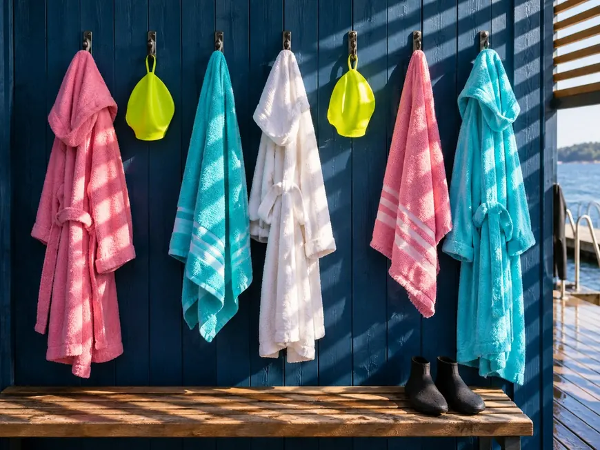 Row of hooks with pink, aqua and white robes and lime swim caps on a navy wall