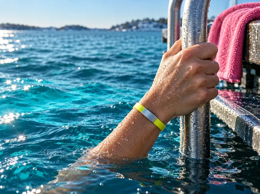 Wet hand gripping a steel pier ladder with a lime wristband