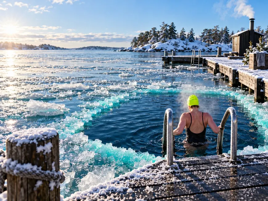 Swimmer stepping down a ladder into an ice hole beside the snowy pier