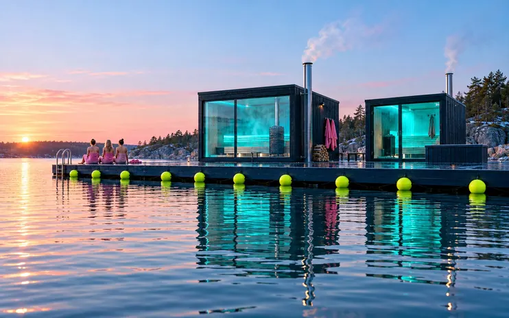 The floating pier and two glass-fronted saunas seen from the water in late sun