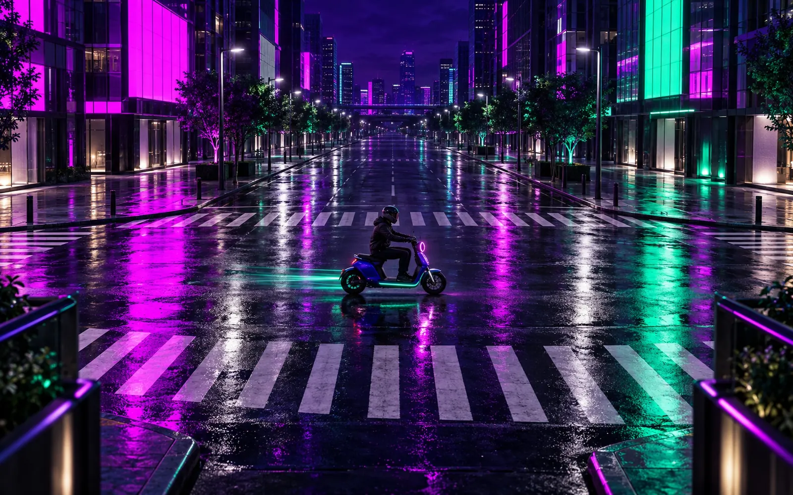 A lone rider on the M1 crossing an empty neon-lit intersection after rain