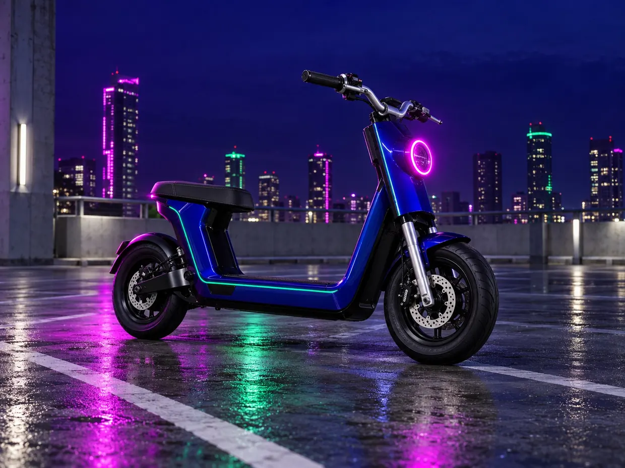 The ultramarine M1 parked alone on a rooftop car park at night, side-on, headlight glowing