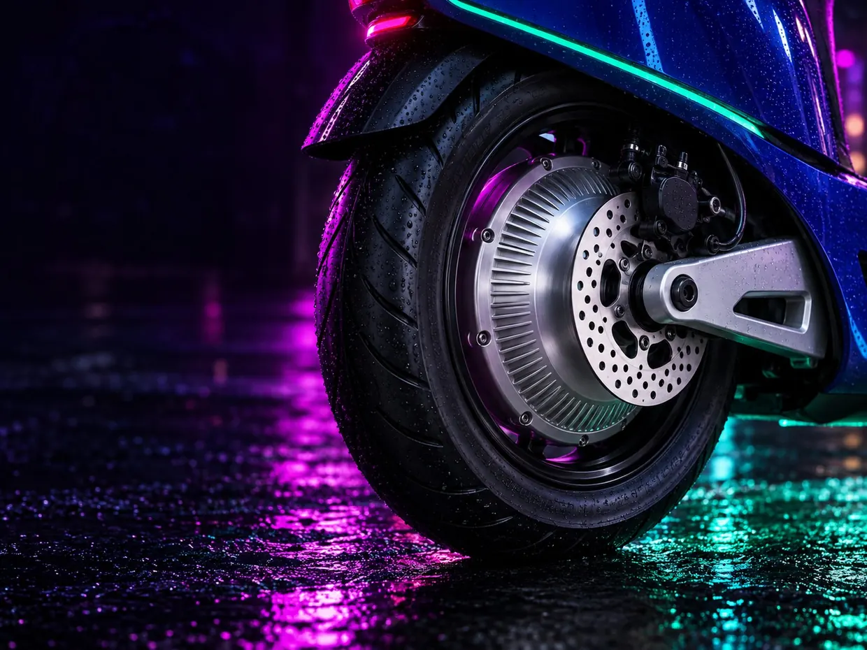 Macro of the M1's rear hub-motor wheel with cooling fins and a drilled disc, lit magenta on wet asphalt