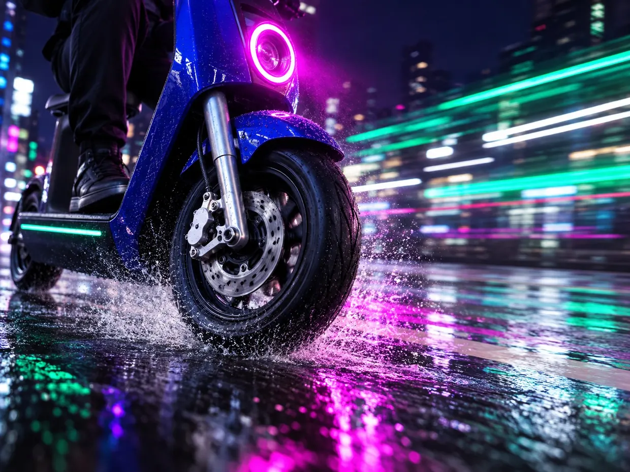 Front wheel braking hard on a wet street, water spraying, magenta halo headlight blazing