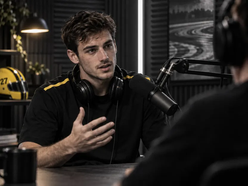 Luca Varga in team kit speaking into a podcast microphone