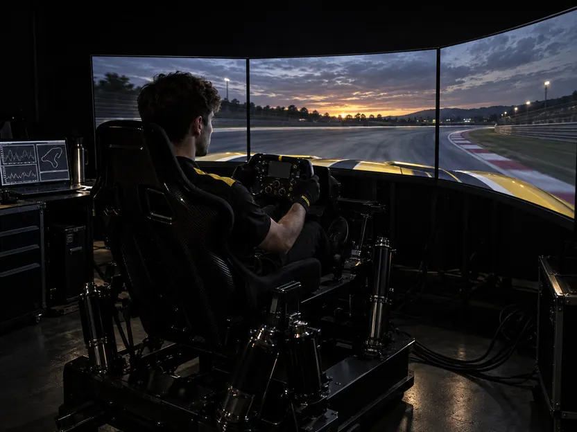 Luca in a motion simulator rig surrounded by three curved screens