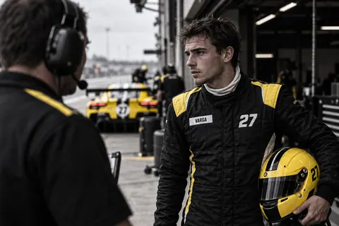 Luca Varga without helmet, fire-proof balaclava pulled down, listening to his engineer in the pit lane