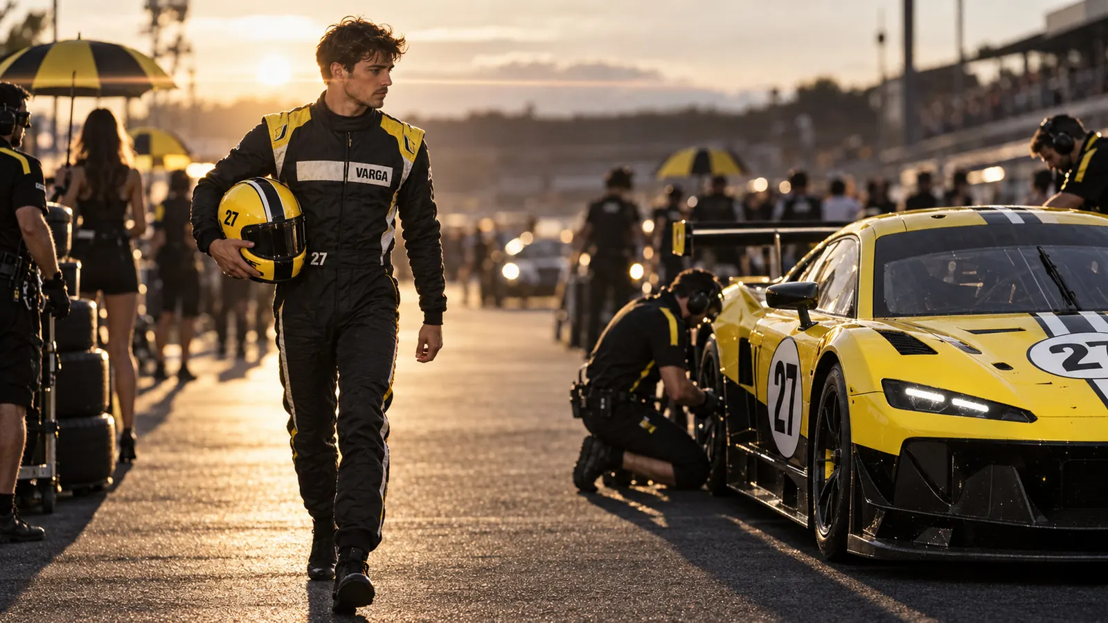 Season reel still: Luca walking the grid towards car 27 with his helmet under his arm