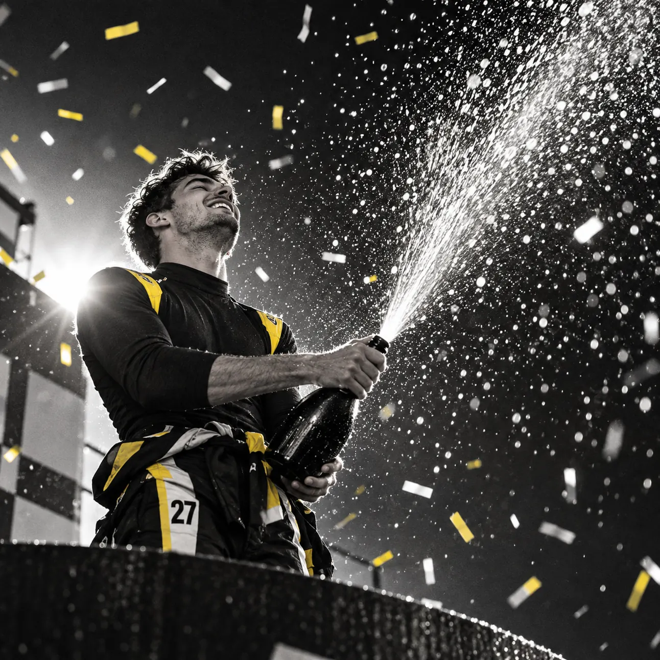 Luca on the podium spraying champagne, black and white