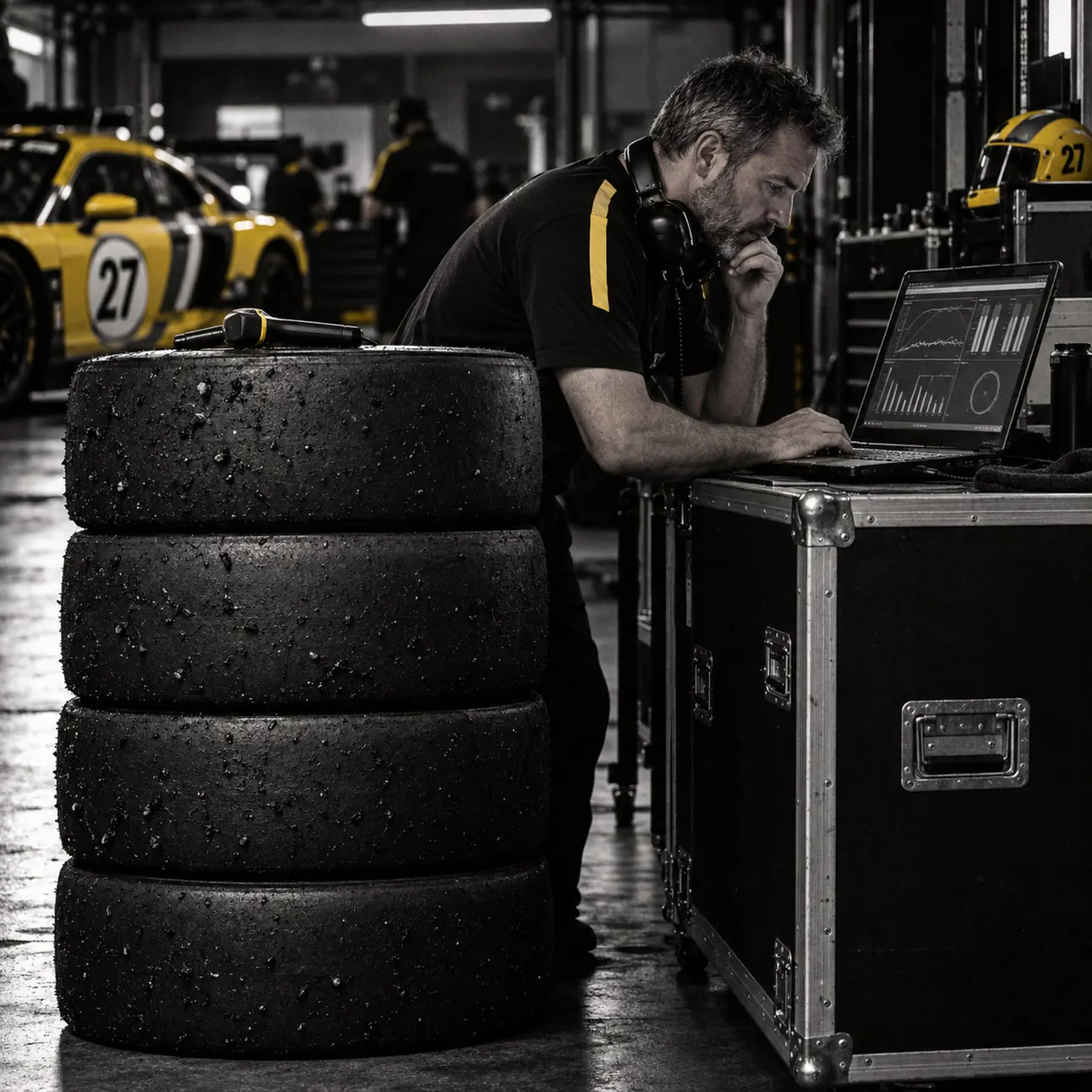 Race engineer reading tyre temperatures from a laptop next to a stack of used slicks