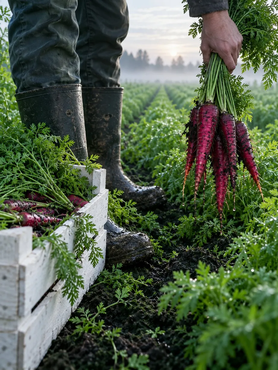 Muddy black boots in a carrot row at dawn, a hand holding a carrot bunch by its tops beside a half-full white crate