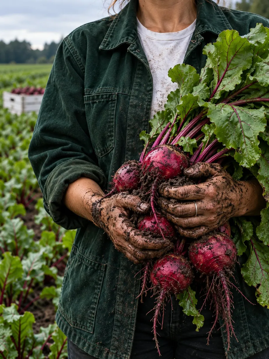 A grower's soil-covered hands cupping a bunch of beetroot against a deep green work jacket