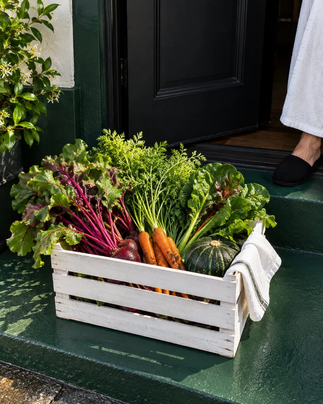 A white crate of vegetables on a deep green doorstep beside a black door, low morning sun