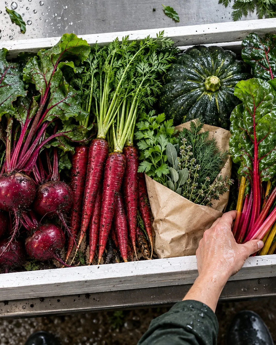 Overhead view into a white slatted crate packed with rinsed beetroot, red carrots, a green squash and rainbow chard on a steel bench