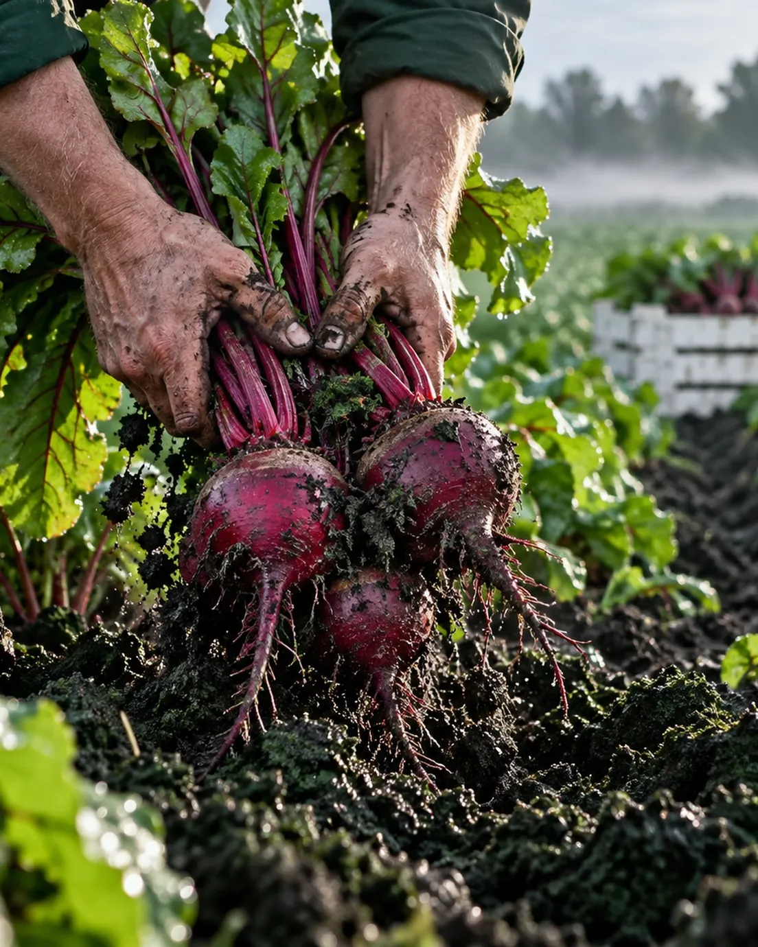 Muddy hands pulling a bunch of beetroot out of dark wet soil at first light, a white crate waiting in the row behind
