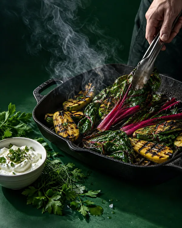 Charred chard leaves and halved squash in a cast-iron griddle with a bowl of yoghurt